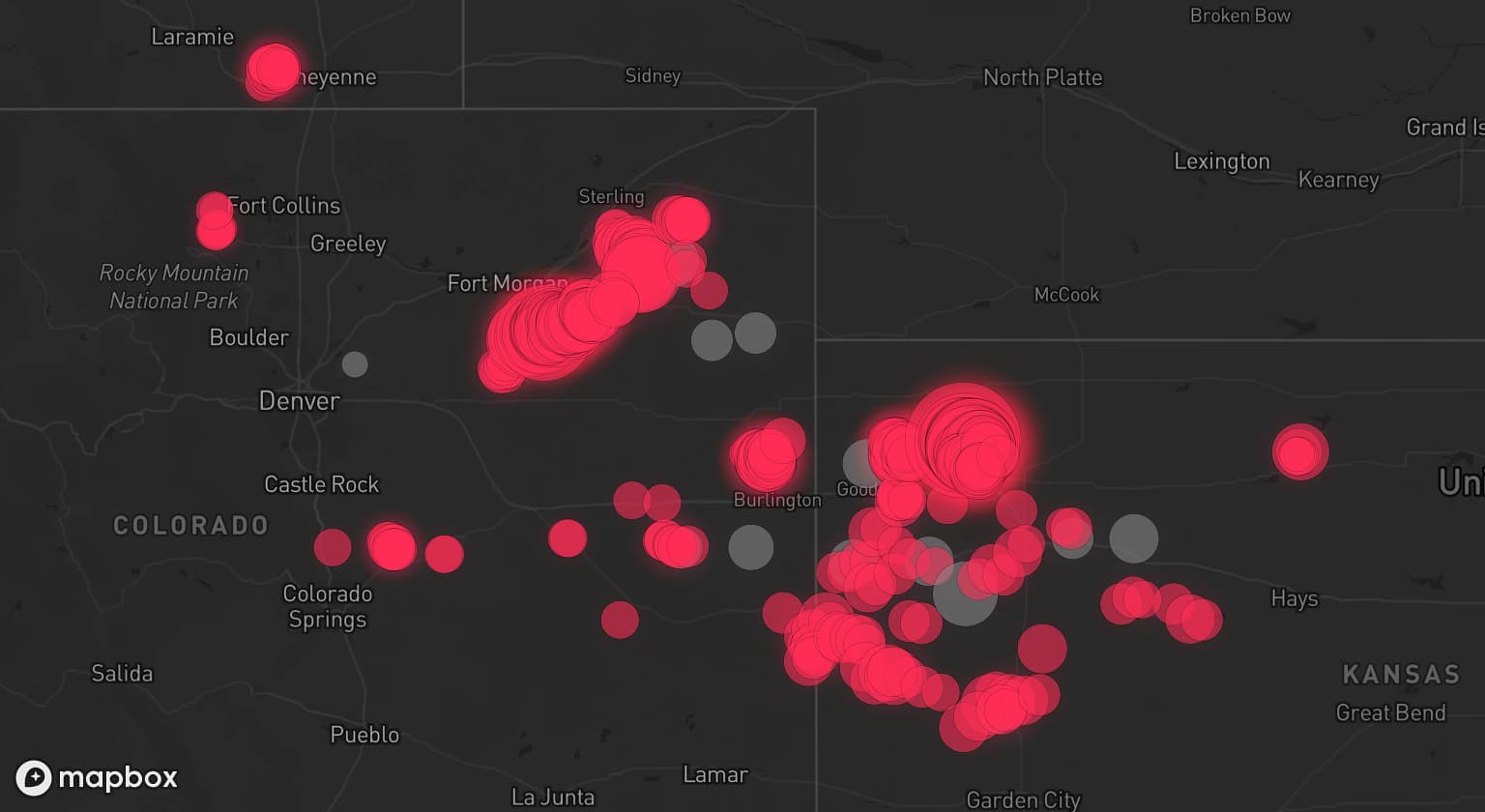 Storm map for 14 areas across Kansas and Colorado