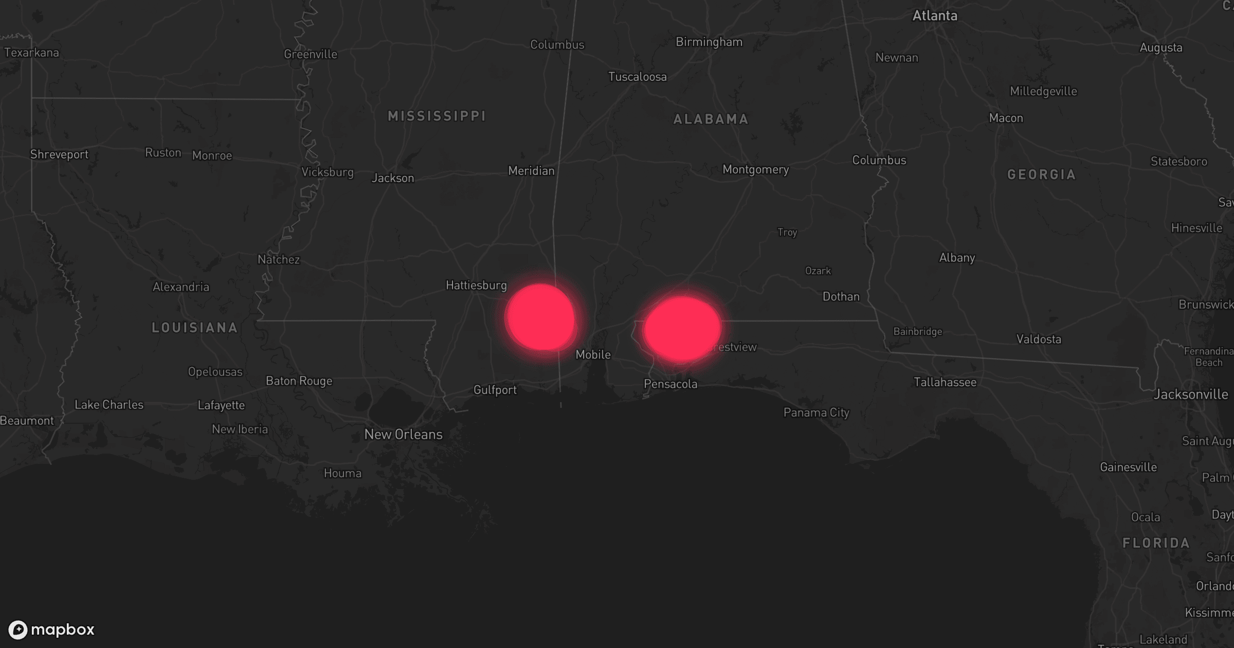 Storm map for 3 areas across Florida and Mississippi