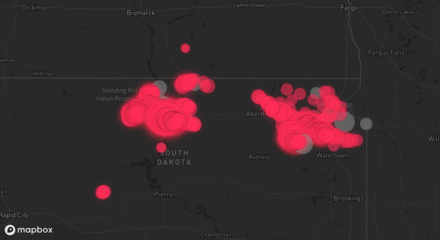 Storm map for 12 areas across South Dakota and Minnesota