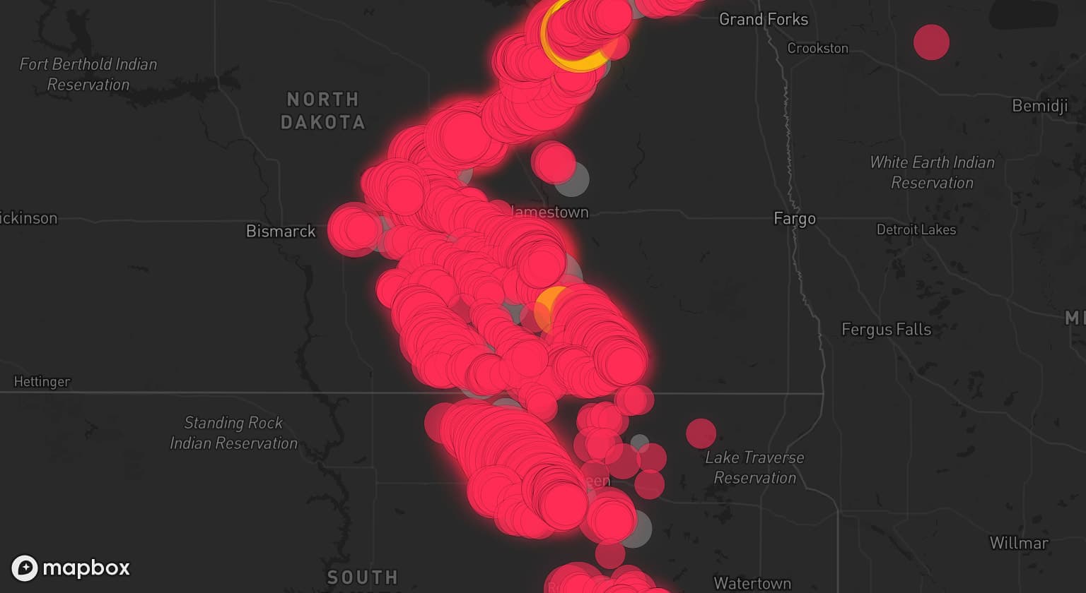 Storm map for 29 areas across South Dakota, North Dakota, and Minnesota