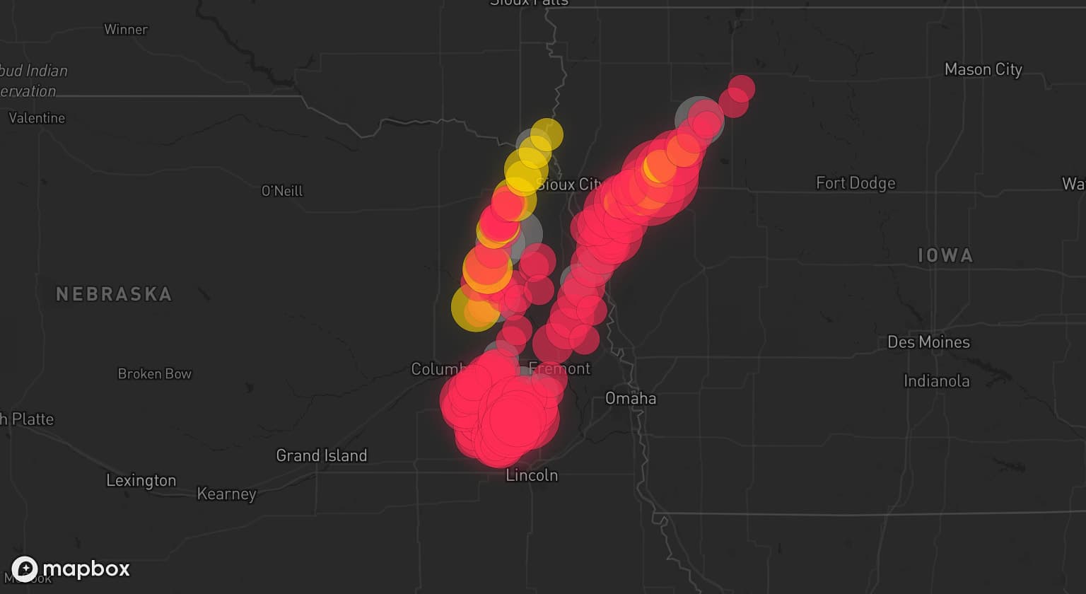 Storm map for 12 areas across Iowa, Nebraska, and South Dakota