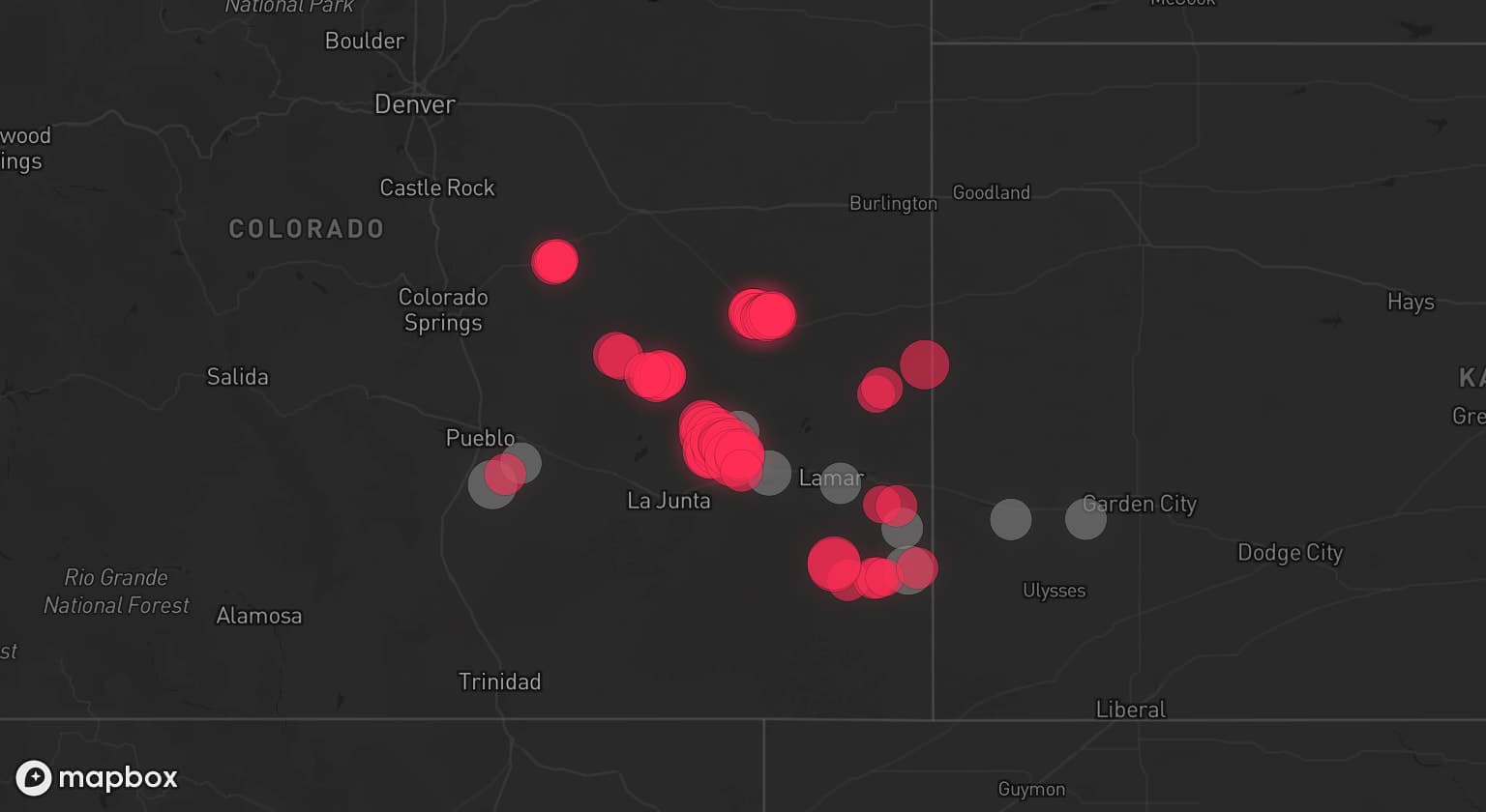 Storm map for 7 areas across Colorado and Kansas