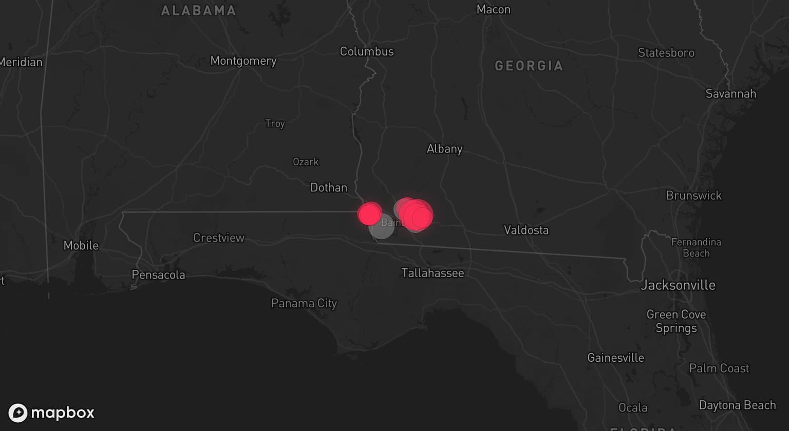 Storm map for 6 areas across Georgia and Florida