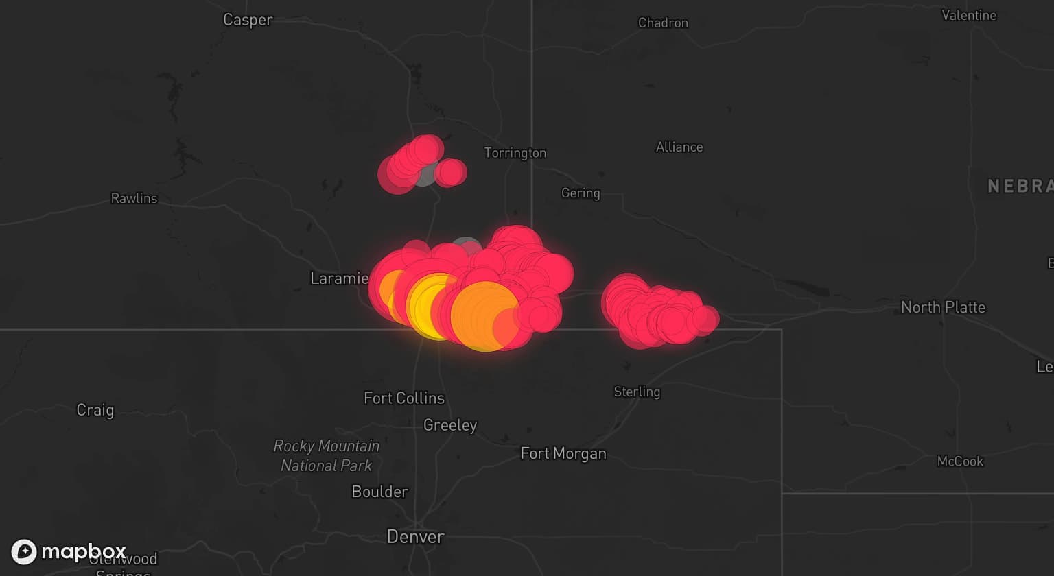 Storm map for 6 areas across Wyoming and Nebraska