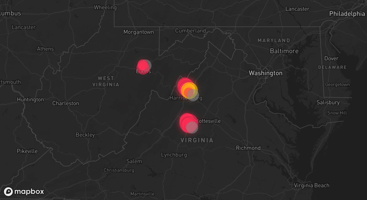 Storm map for 6 areas across Virginia and West Virginia