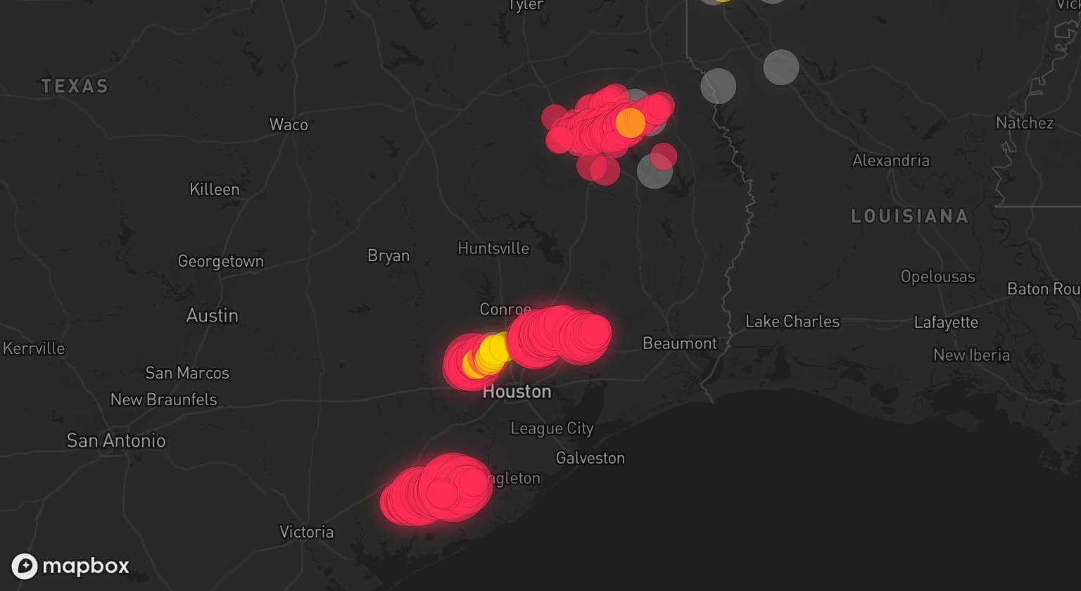 Storm map for 12 areas across Texas and Louisiana
