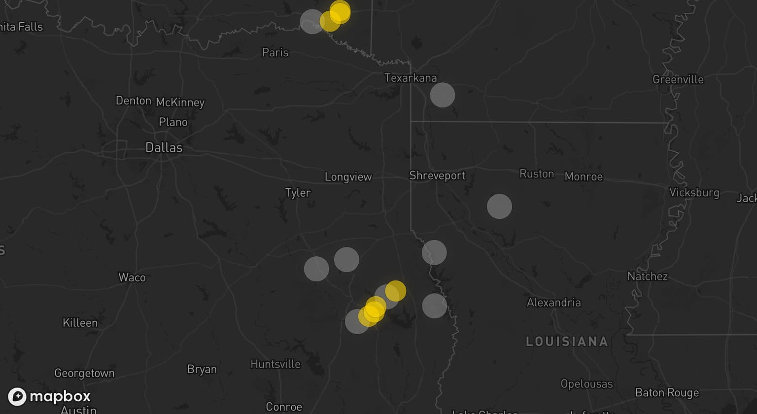 Storm map for 9 areas across Texas, Louisiana, Oklahoma, and Arkansas
