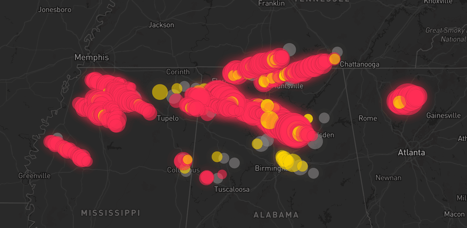 Storm map for 36 areas across Alabama, Mississippi, Georgia, and Tennessee