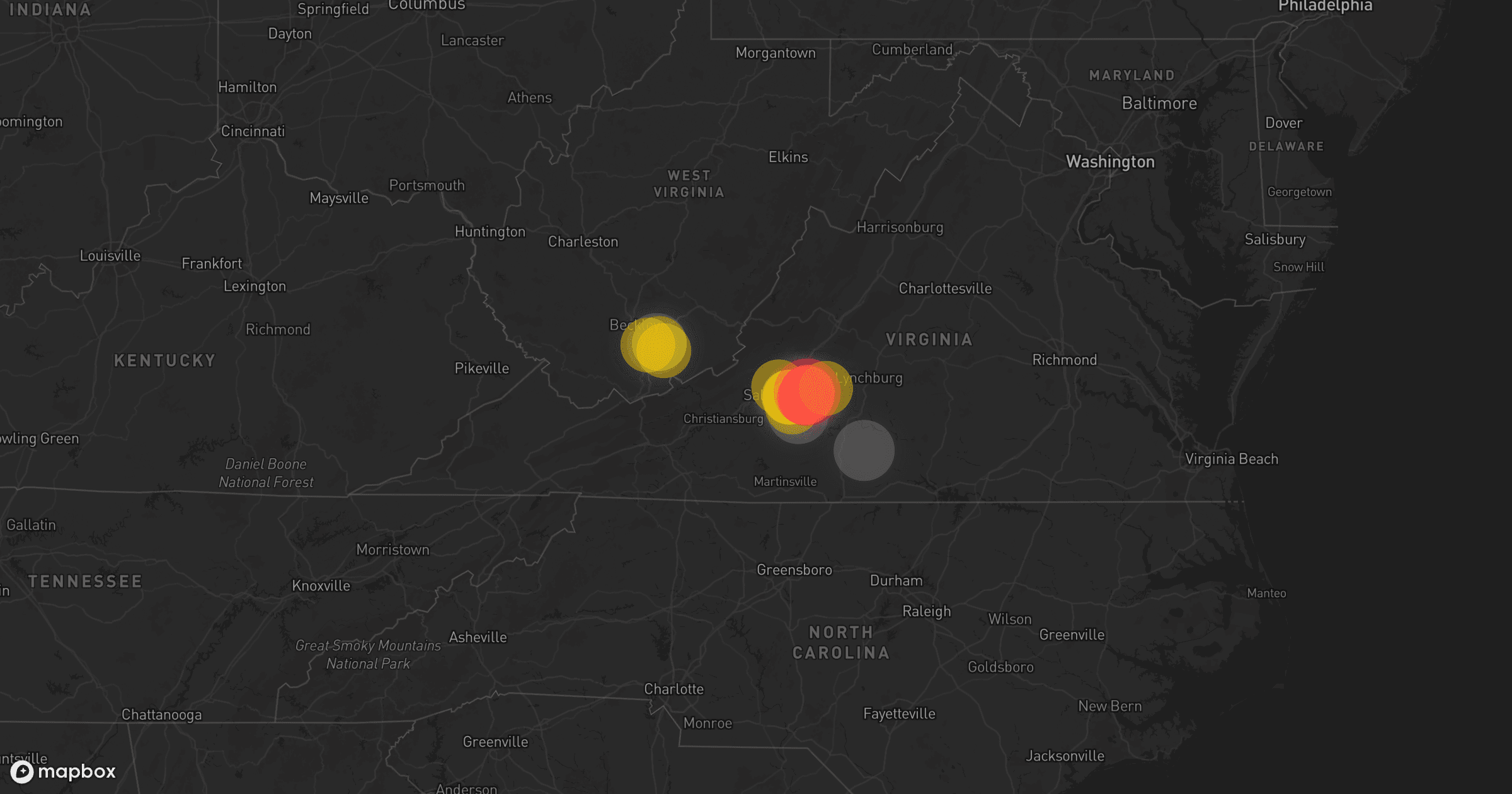 Storm map for 4 areas across North Carolina, Virginia, and West Virginia