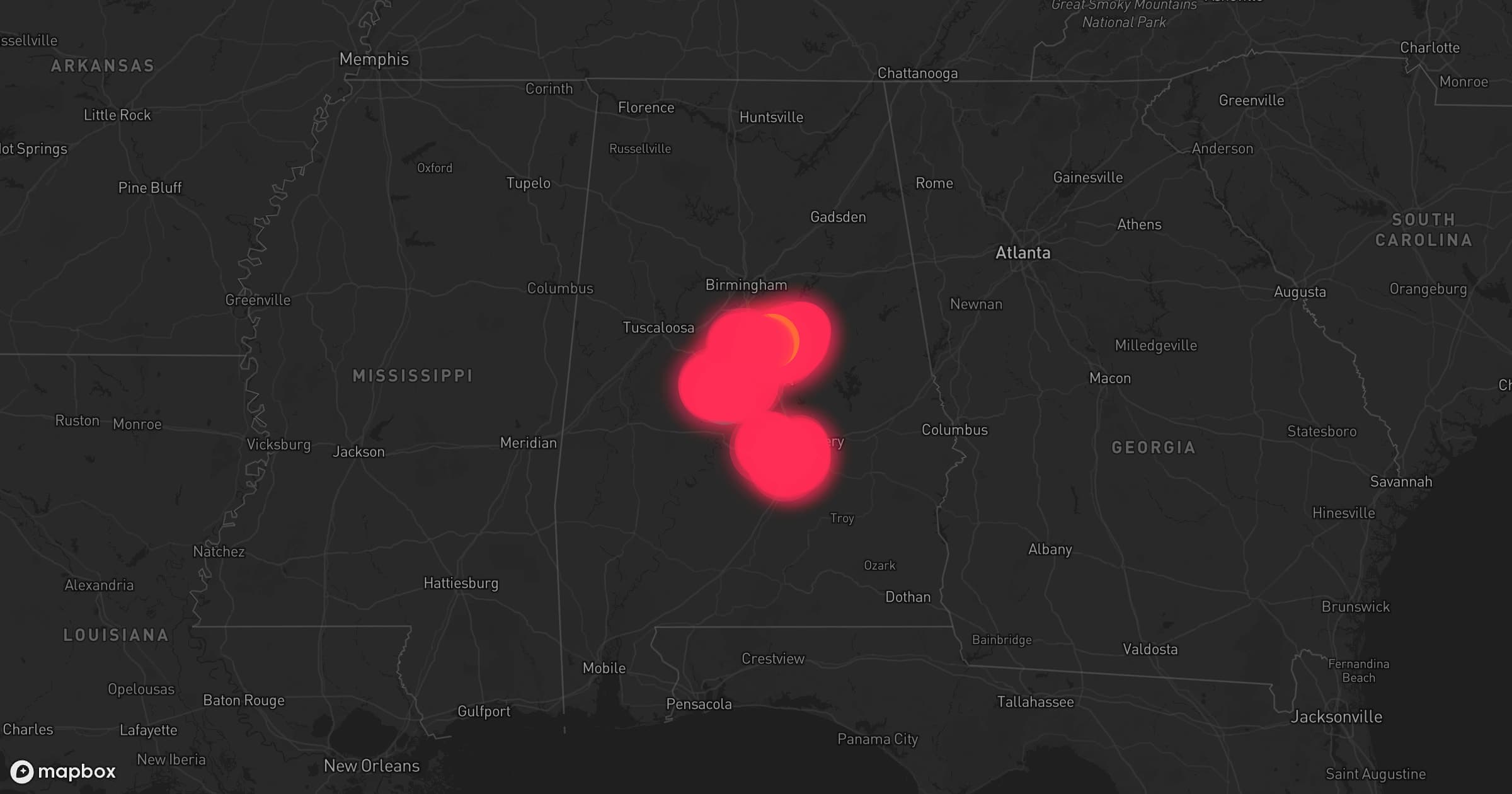 Storm map for 3 areas across Alabama