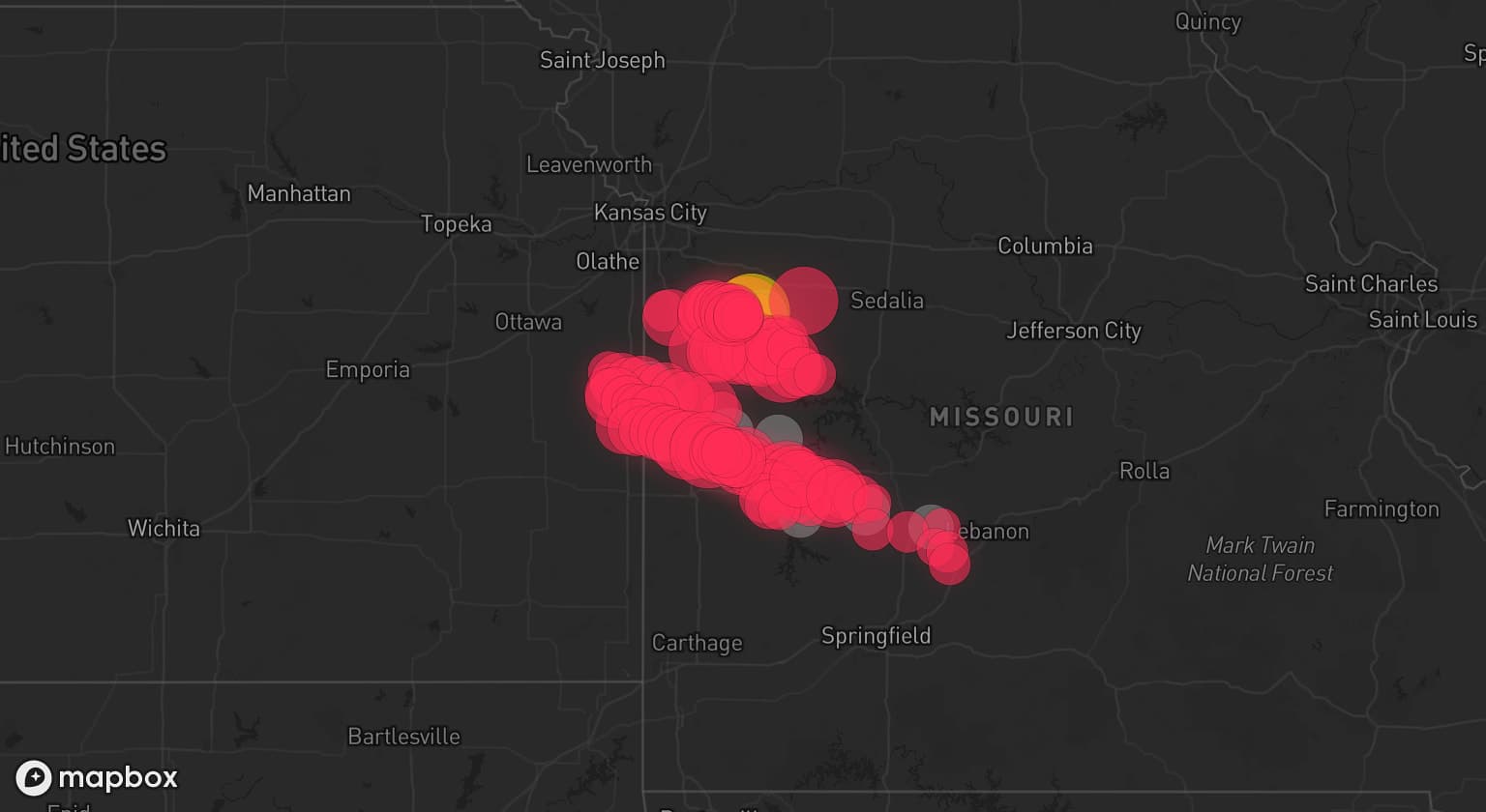 Storm map for 15 areas across Missouri