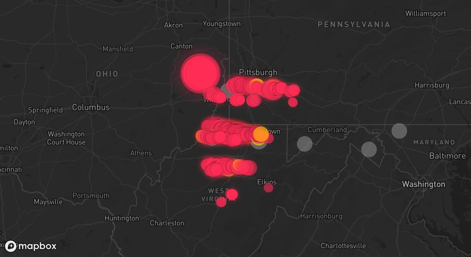 Storm map for 9 areas across West Virginia, Pennsylvania, and Maryland