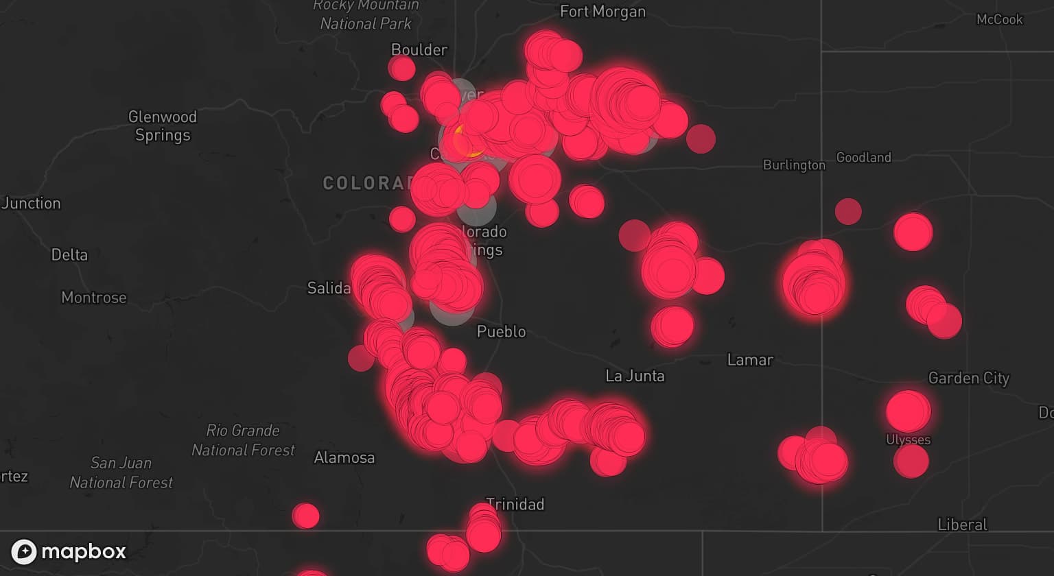 Storm map for 19 areas across Colorado