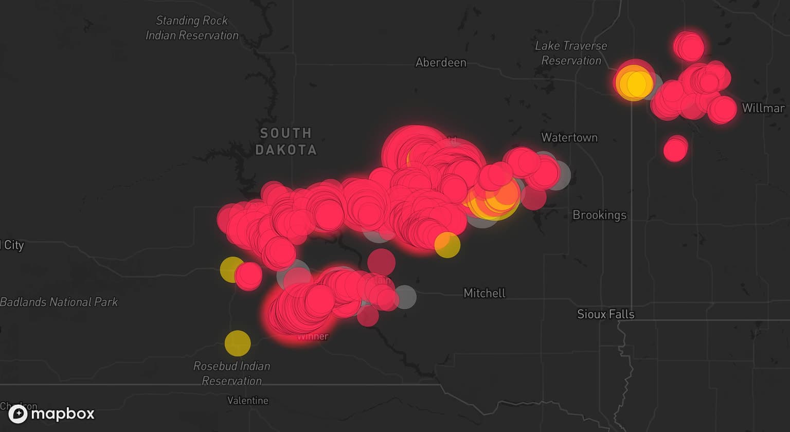 Storm map for 21 areas across South Dakota and Minnesota