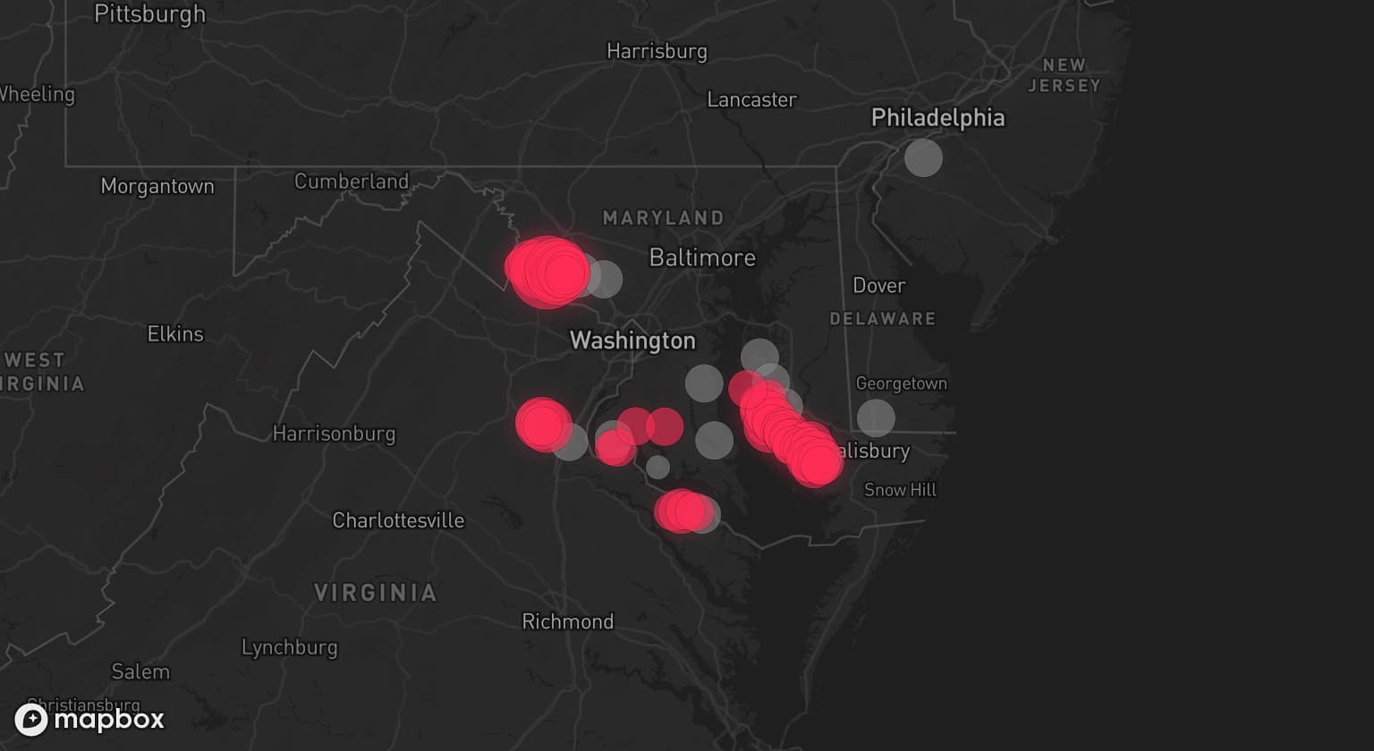 Storm map for 16 areas across Maryland, Virginia, New Jersey, and Delaware