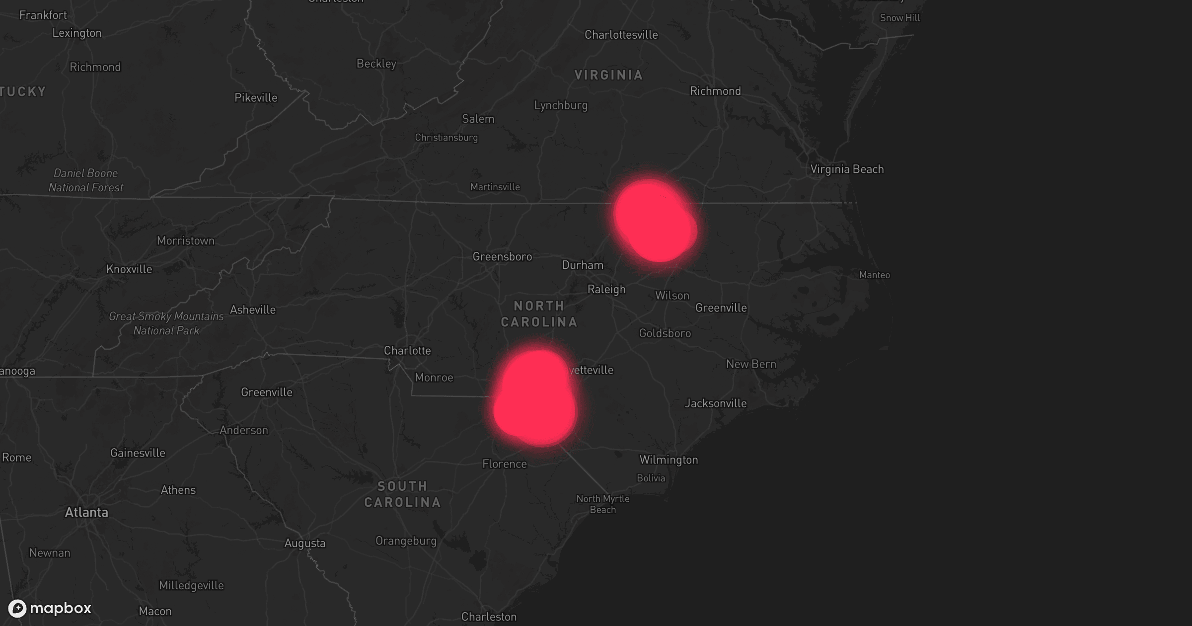 Storm map for 66 areas across South Carolina, North Carolina, Georgia, Florida, Mississippi, Alabama, and Virginia