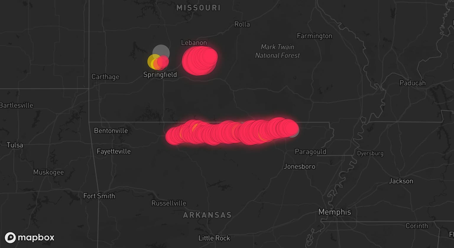 Storm map for 9 areas across Missouri and Arkansas