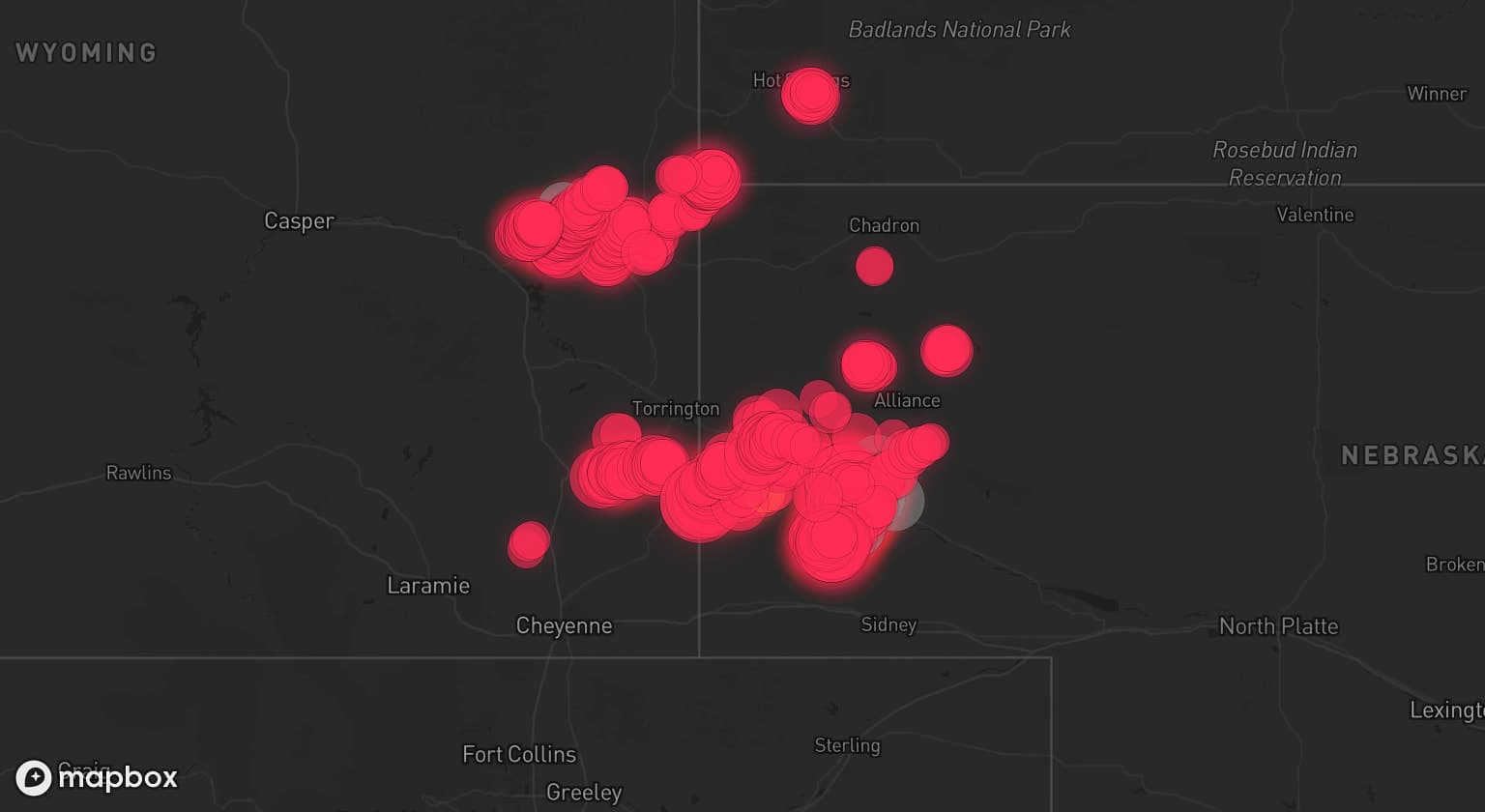 Storm map for 8 areas across Nebraska and Wyoming