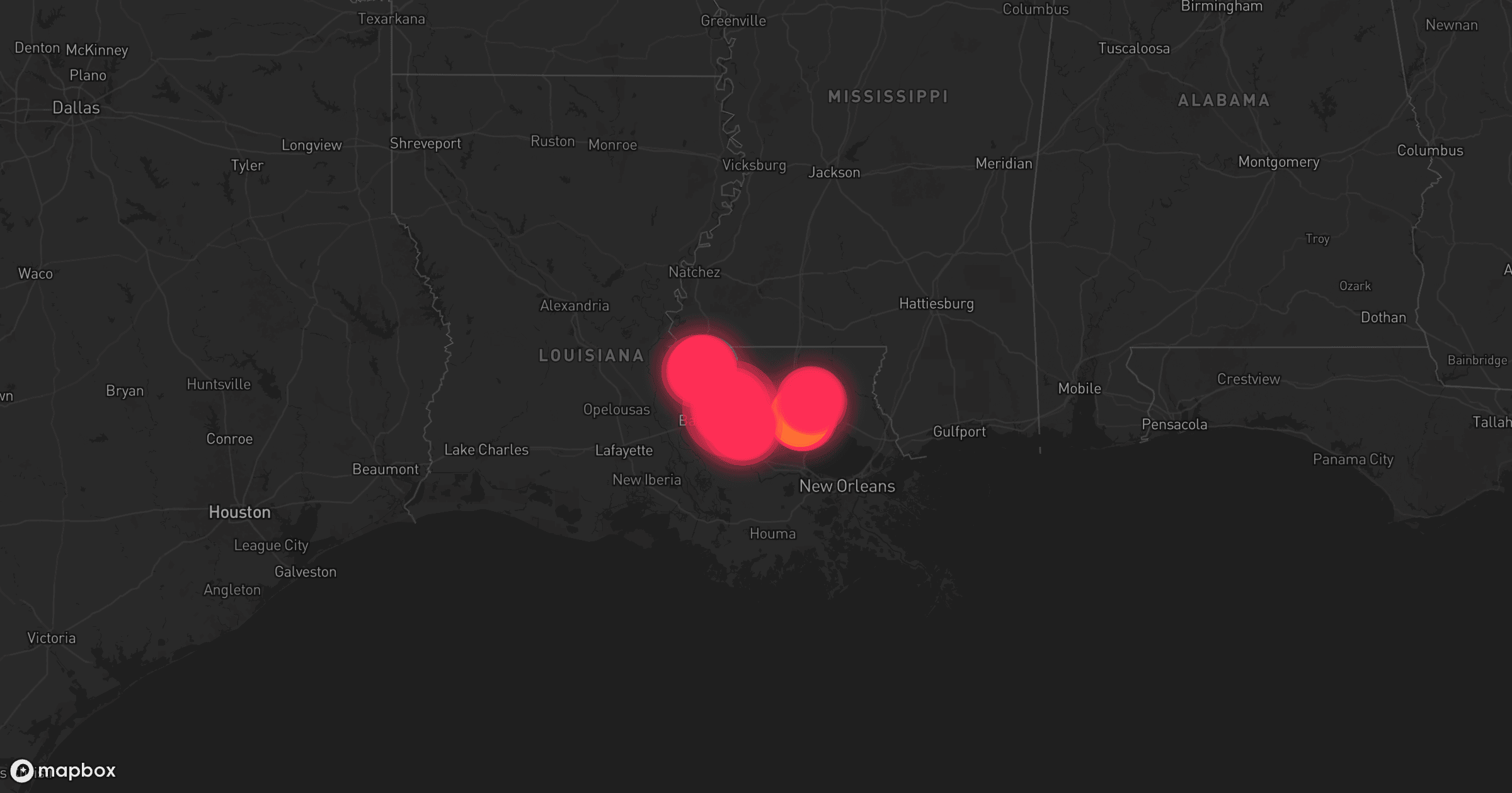 Storm map for 5 areas across Louisiana and Mississippi