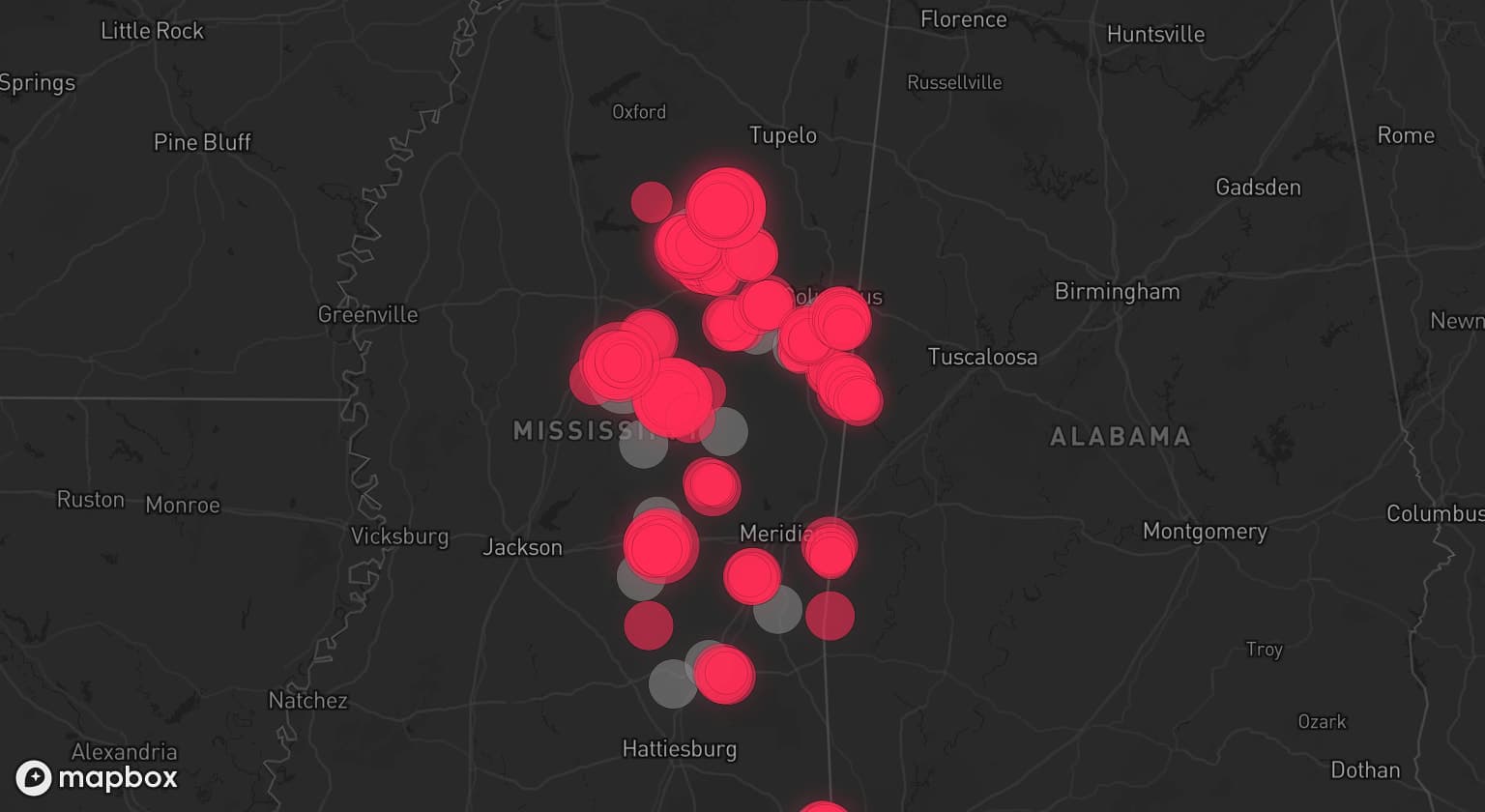 Storm map for 16 areas across Mississippi and Alabama