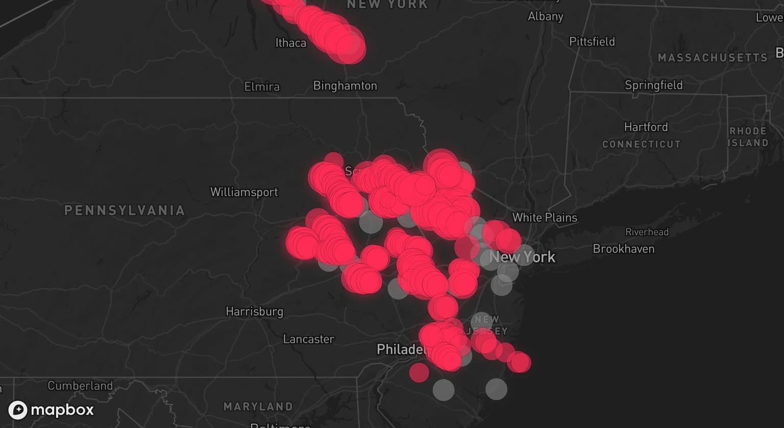 Storm map for 22 areas across Pennsylvania, New York, and New Jersey