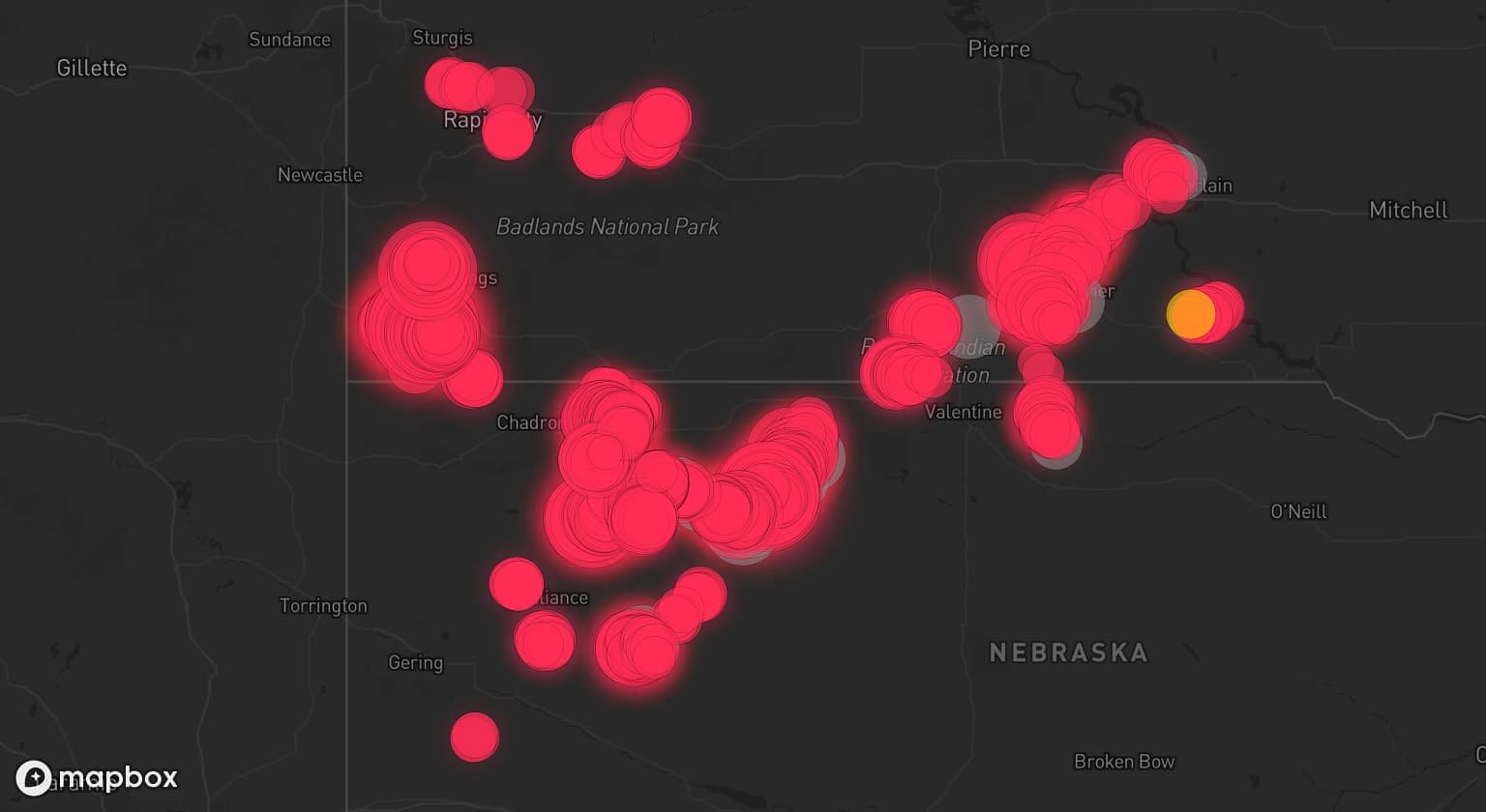Storm map for 13 areas across Nebraska and South Dakota