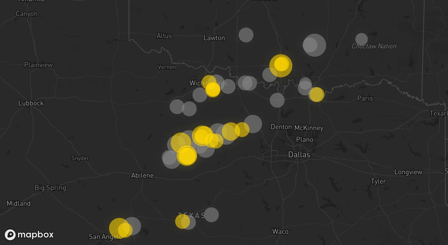 Storm map for 24 areas across Oklahoma and Texas