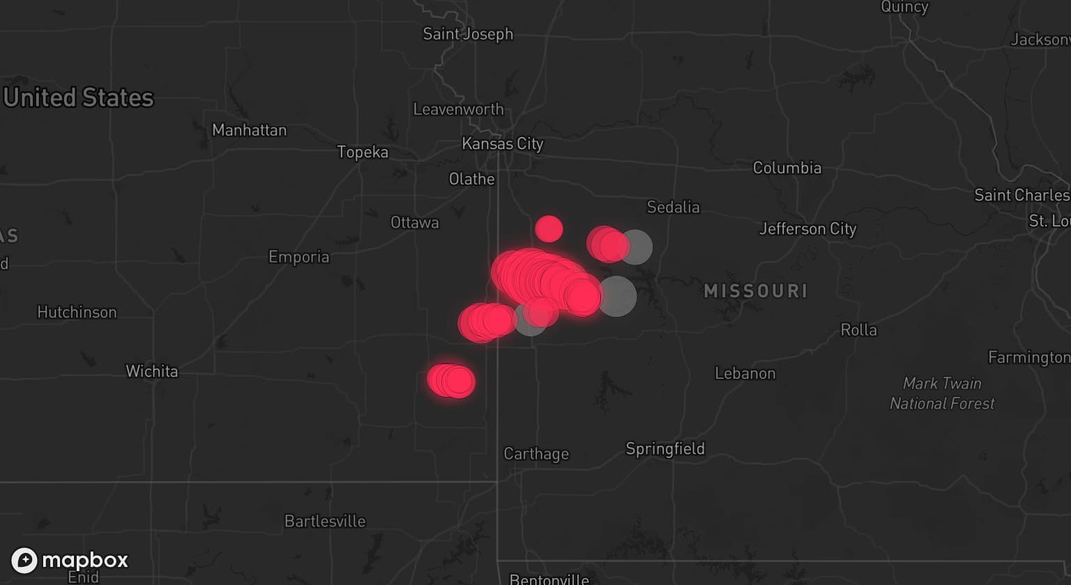 Storm map for 5 areas across Missouri