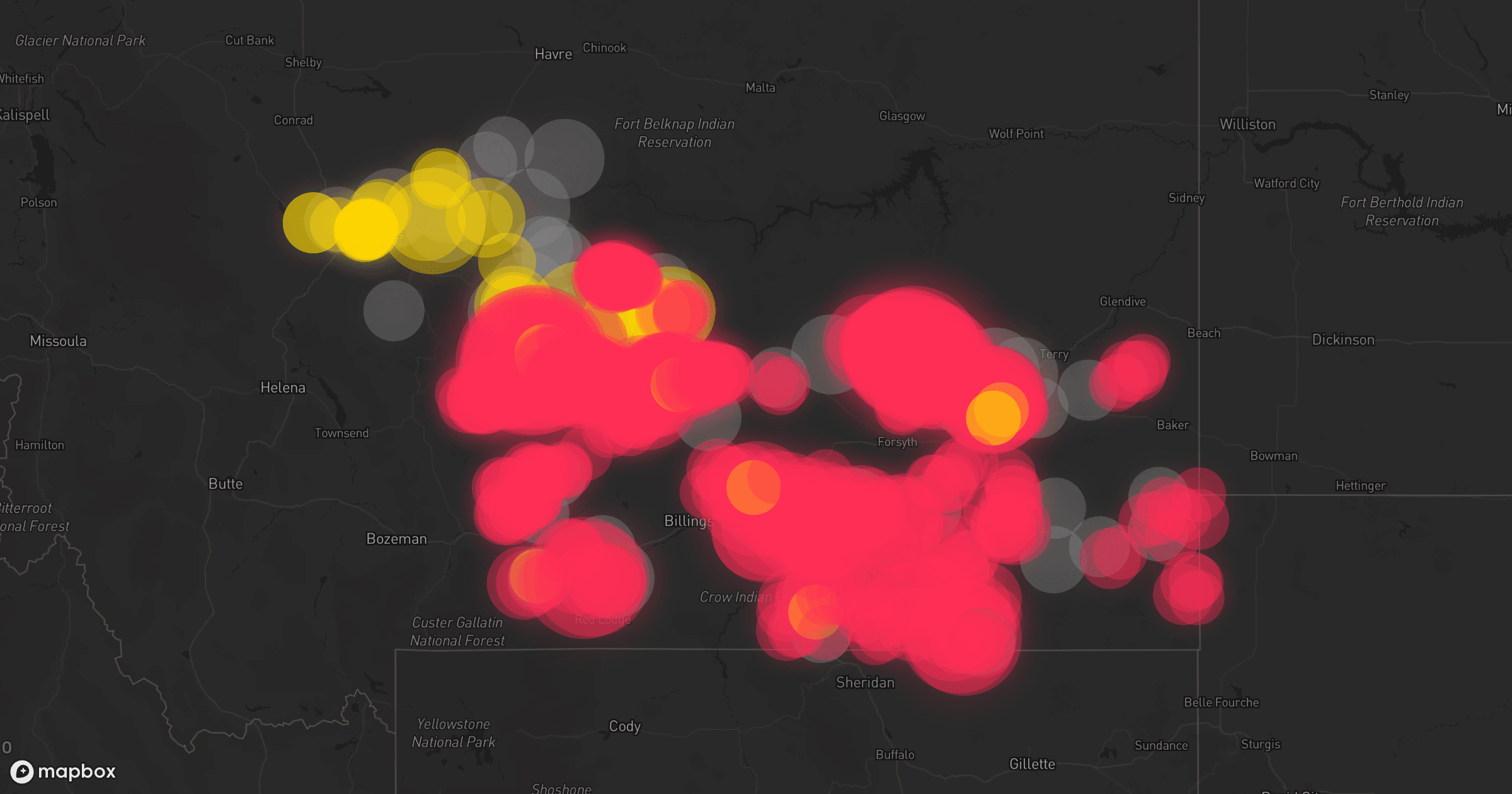 Storm map for 163 areas across Montana, Nebraska, South Dakota, Wyoming, North Dakota, Minnesota, Iowa, and Kansas