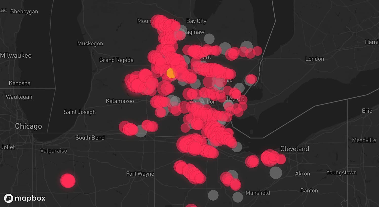 Storm map for 42 areas across Ohio and Michigan