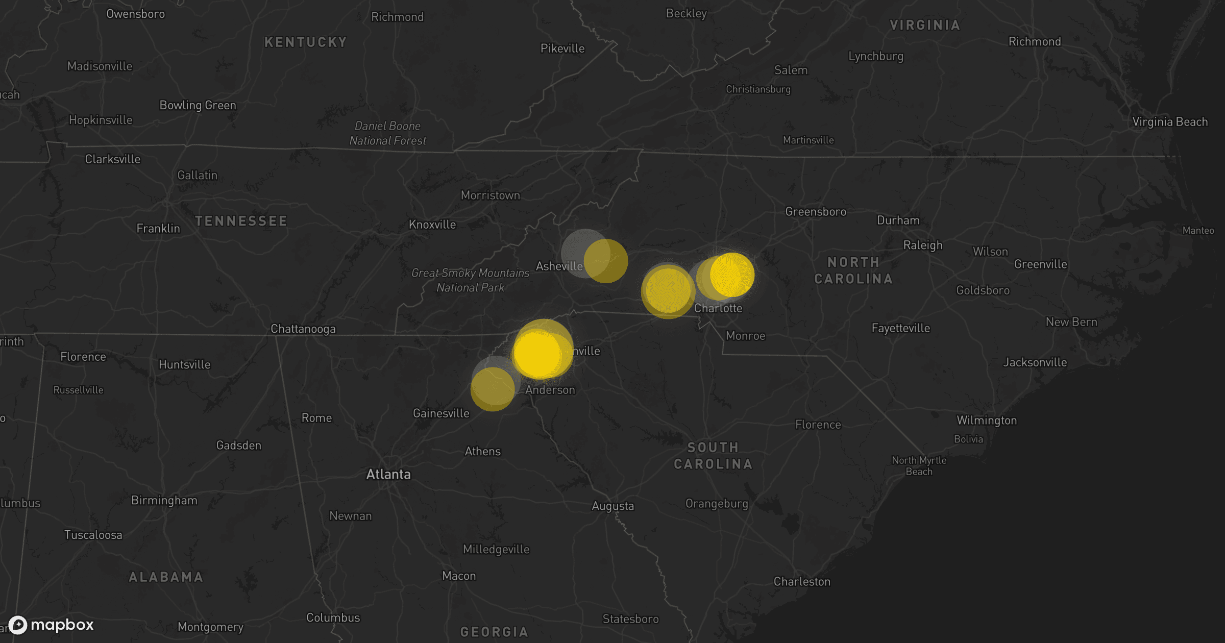 Storm map for 19 areas across South Carolina, Georgia, Virginia, West Virginia, and North Carolina