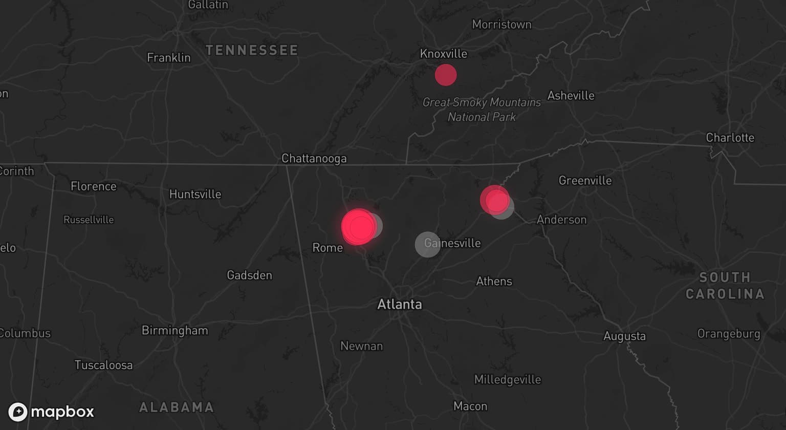 Storm map for 4 areas across Georgia