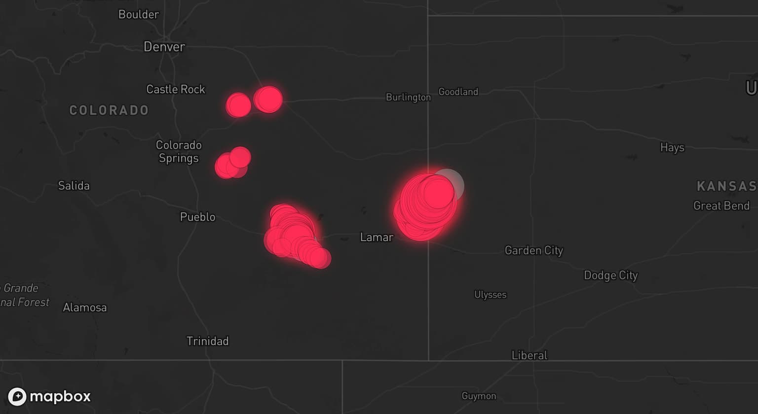 Storm map for 4 areas across Kansas and Colorado