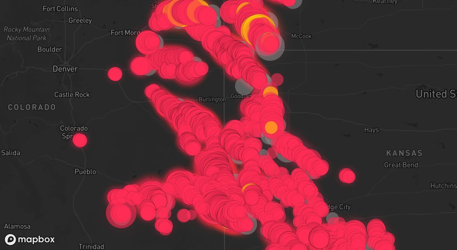 Storm map for 59 areas across Nebraska, Colorado, Kansas, Oklahoma, and Texas