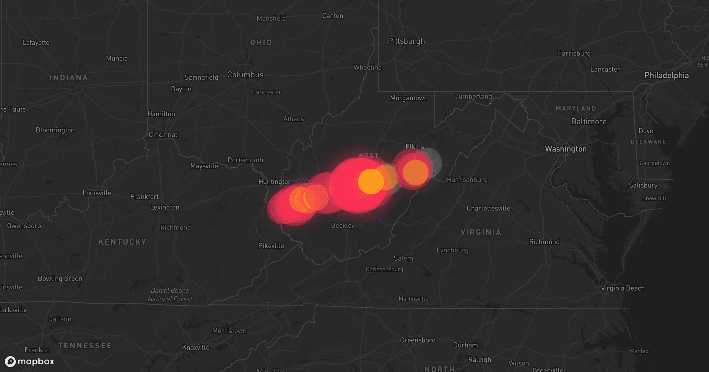 Storm map for 10 areas across West Virginia and Maryland