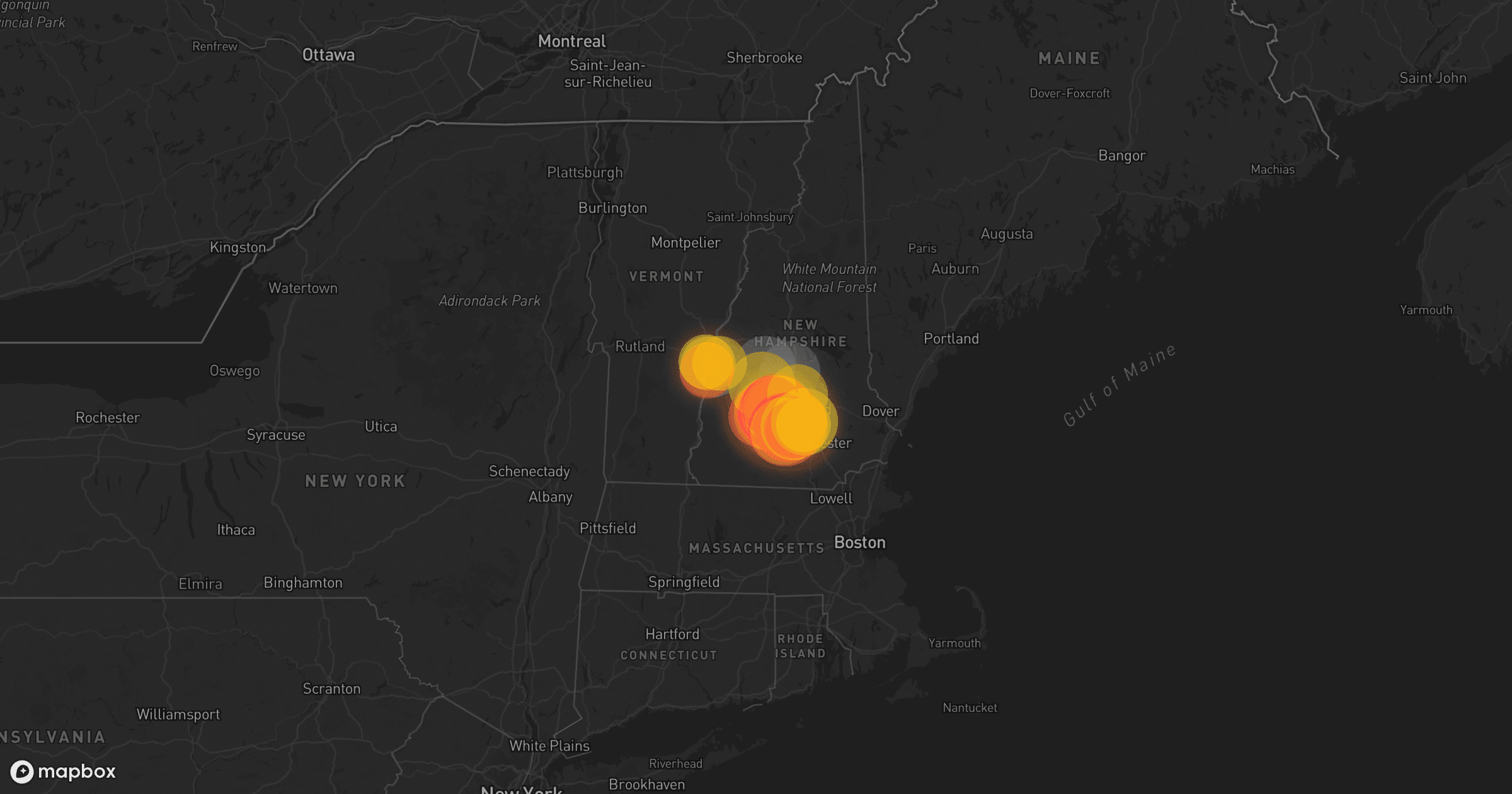 Storm map for 15 areas across New Hampshire, Massachusetts, Connecticut, and Vermont