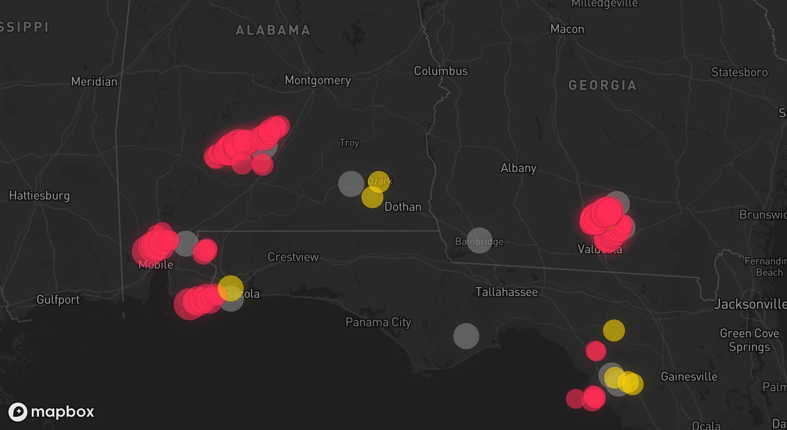 Storm map for 12 areas across Alabama, Florida, and Georgia