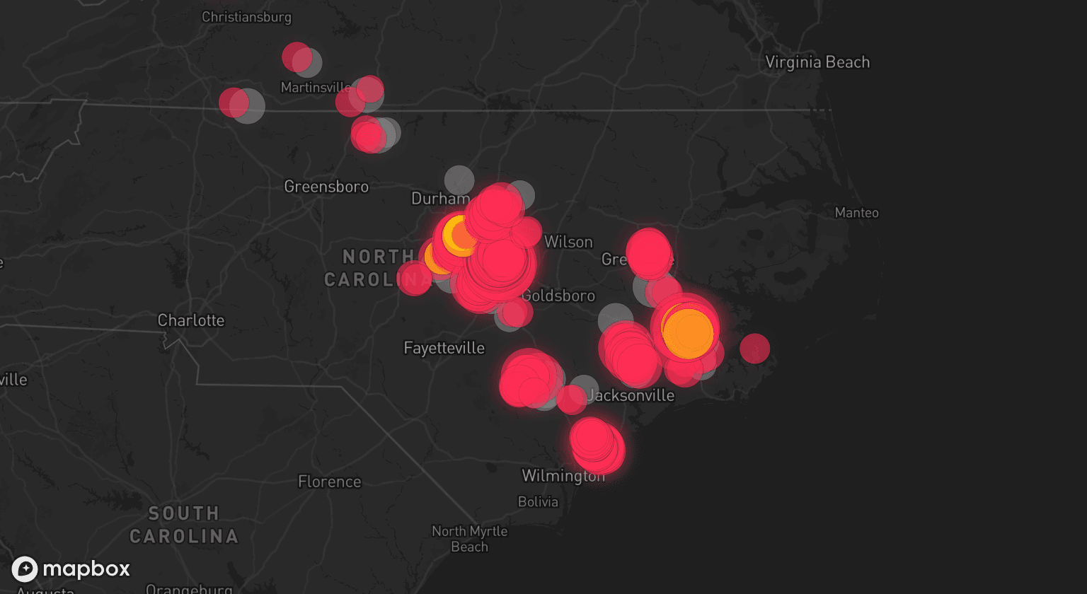 Storm map for 25 areas across North Carolina and Virginia