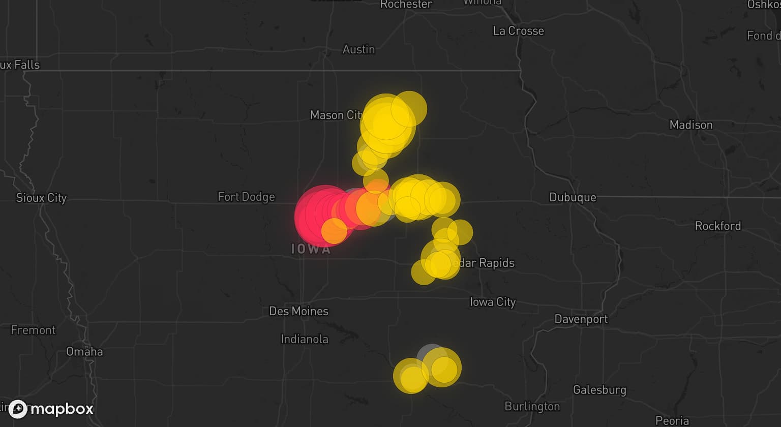 Storm map for 9 areas across Iowa