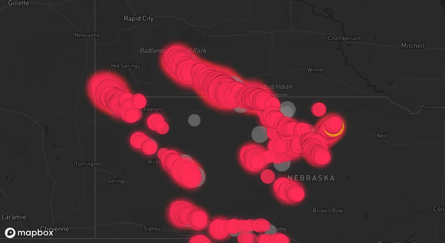Storm map for 18 areas across South Dakota and Nebraska