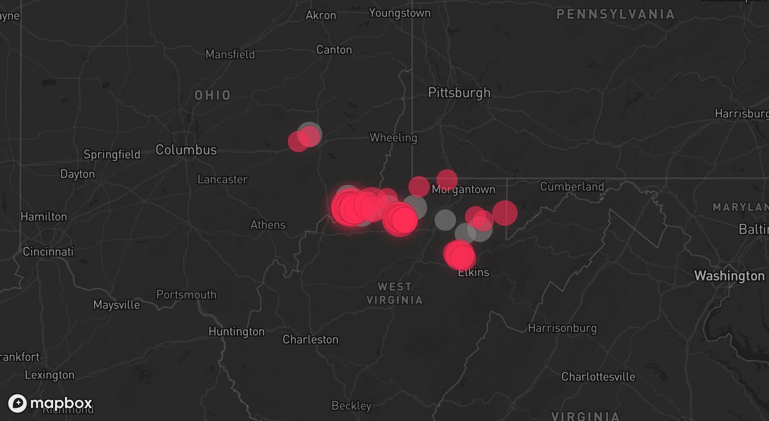 Storm map for 9 areas across West Virginia and Ohio