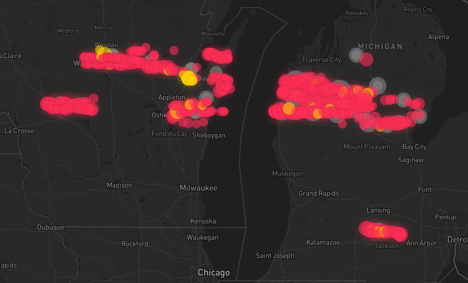 Storm map for 28 areas across Michigan, Wisconsin, and US