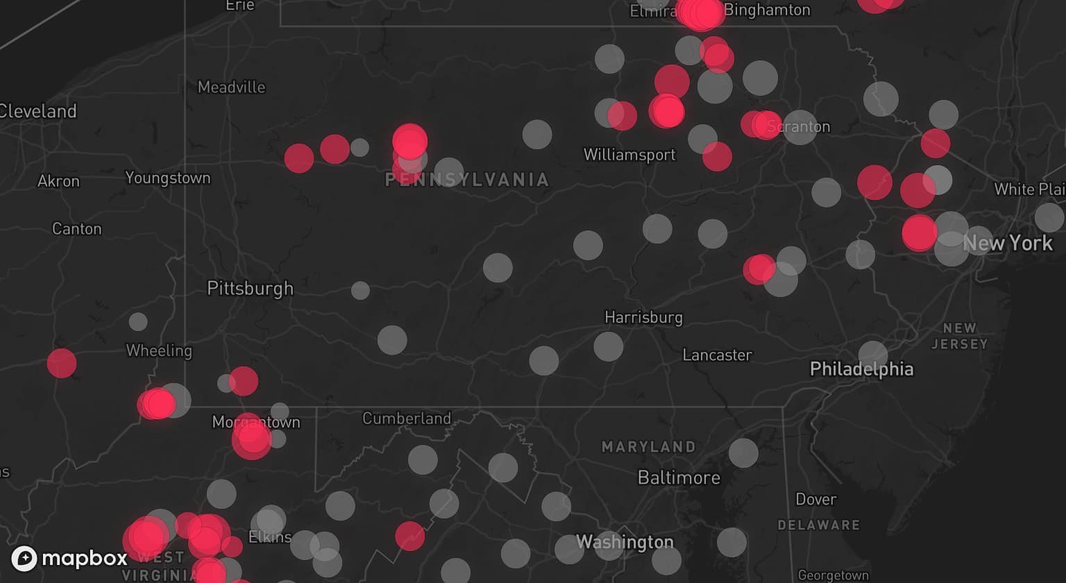 Storm map for 70 areas across New York, Pennsylvania, Virginia, West Virginia, New Jersey, Maryland, and Ohio