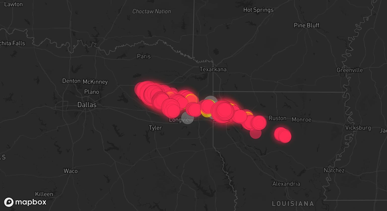 Storm map for 7 areas across Louisiana and Texas