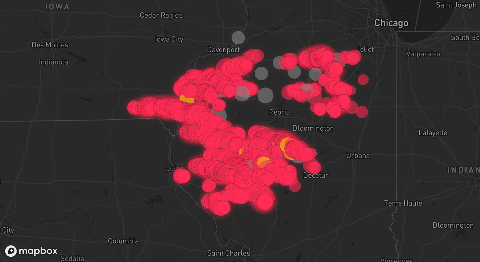 Storm map for 23 areas across Illinois and Iowa