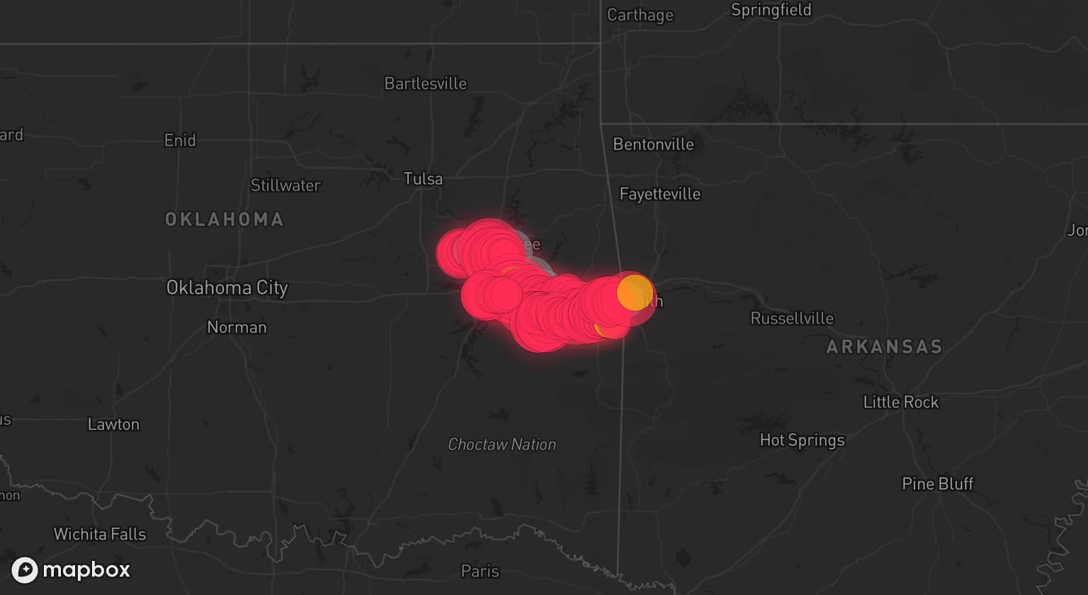 Storm map for 7 areas across Oklahoma and Arkansas