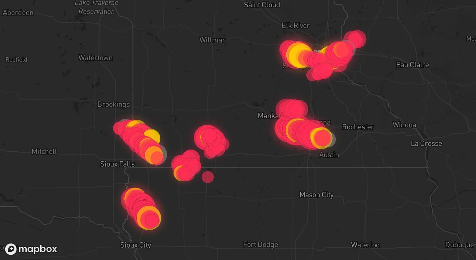 Storm map for 19 areas across Minnesota, Iowa, Wisconsin, and South Dakota