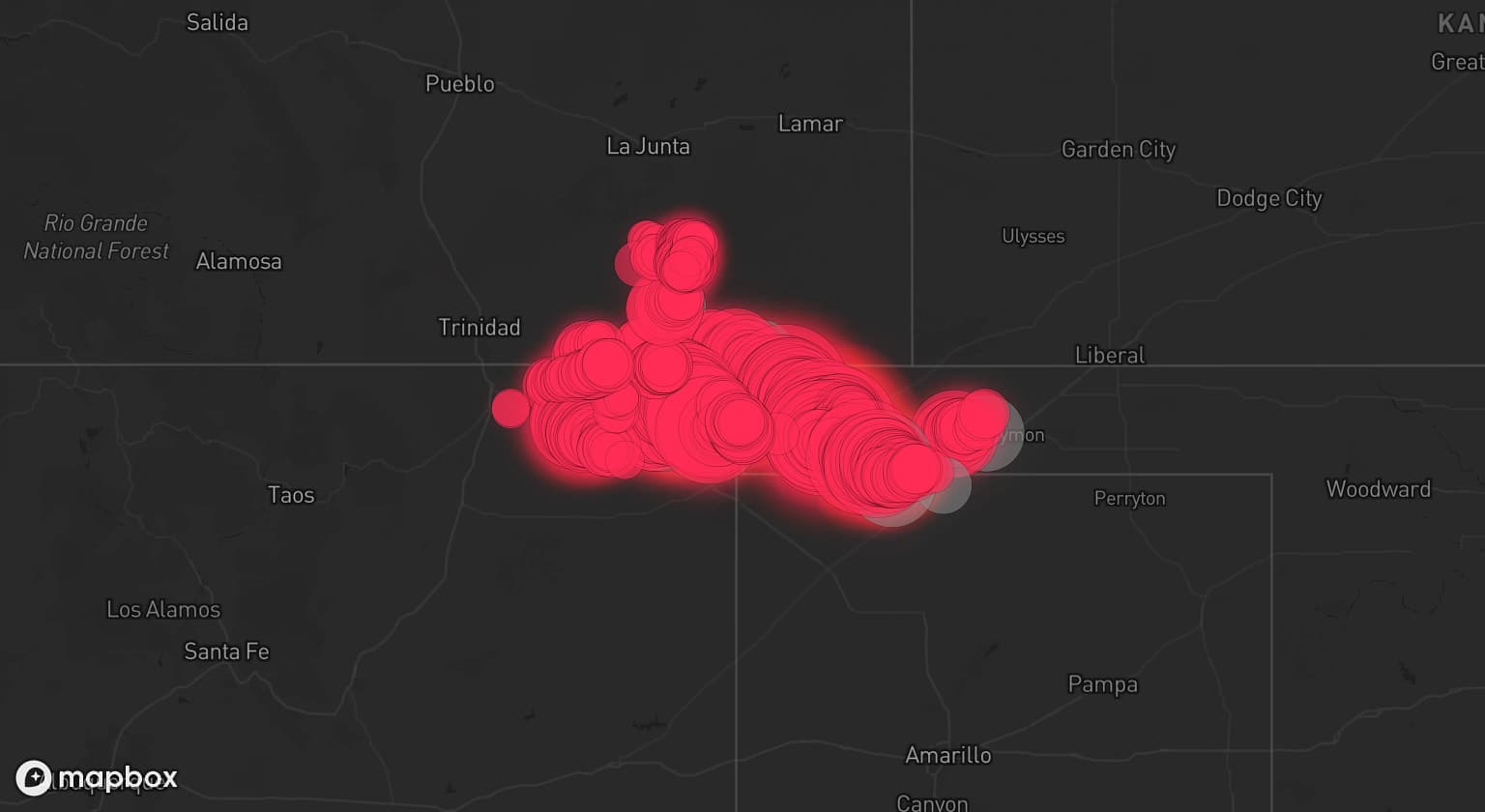 Storm map for 8 areas across Oklahoma, New Mexico, Texas, and Colorado