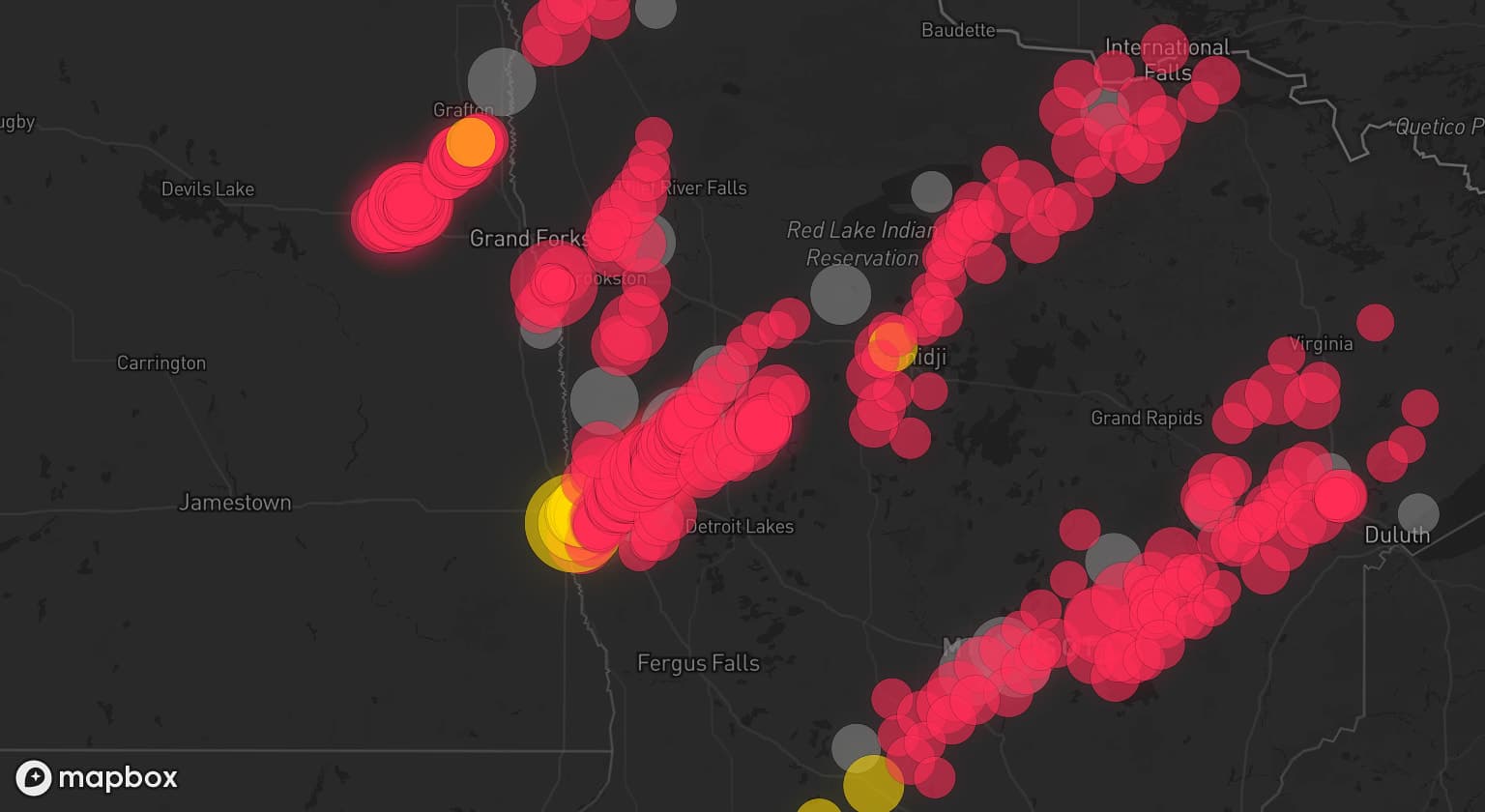 Storm map for 21 areas across Minnesota and North Dakota