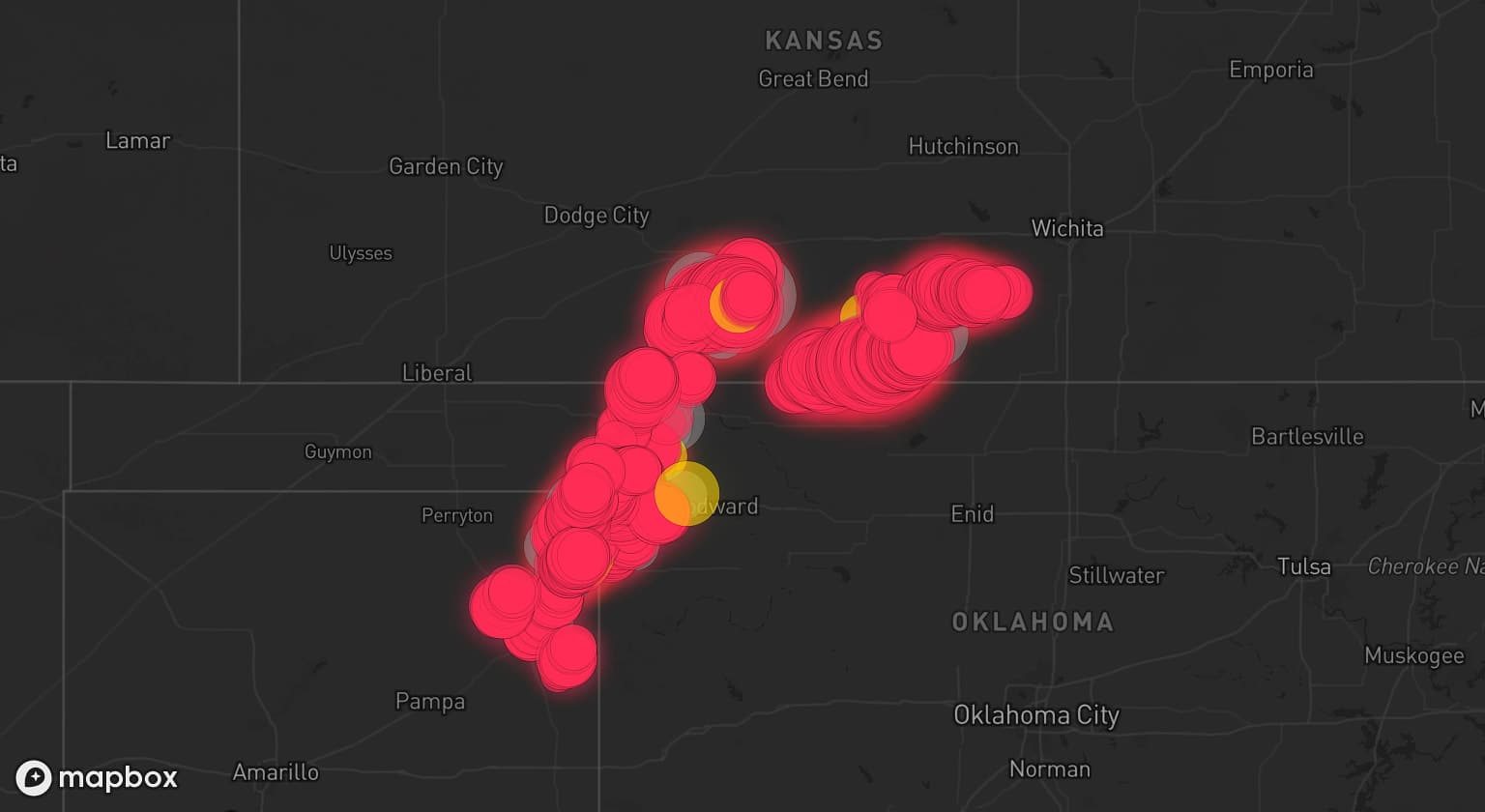 Storm map for 15 areas across Kansas, Texas, and Oklahoma